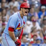 
              St. Louis Cardinals' Nolan Arenado reacts after striking out during the sixth inning of the team's baseball game against the Philadelphia Phillies, Saturday, July 2, 2022, in Philadelphia. (AP Photo/Laurence Kesterson)
            