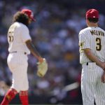 
              San Diego Padres manager Bob Melvin (3) watches starting pitcher Sean Manaea throw a few pitches after being hit on a comebacker from Seattle Mariners' Carlos Santana during the third inning from of a baseball game Monday, July 4, 2022, in San Diego. (AP Photo/Gregory Bull)
            