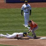 
              Oakland Athletics' Seth Brown, bottom left, is tagged out by Houston Astros third baseman Alex Bregman, bottom right, as Athletics third base coach Darren Bush, top, watches during the fourth inning of a baseball game in Oakland, Calif., Saturday, July 9, 2022. (AP Photo/Jeff Chiu)
            