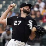 
              Chicago White Sox starting pitcher Lucas Giolito throws against the Cleveland Guardians during the first inning of a baseball game in Chicago, Friday, July 22, 2022. (AP Photo/Nam Y. Huh)
            