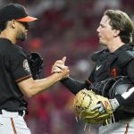 
              Baltimore Orioles relief pitcher Jorge Lopez (48) celebrates with catcher Adley Rutschman after the team's win over the Cincinnati Reds in a baseball game Friday, July 29, 2022, in Cincinnati. (AP Photo/Jeff Dean)
            