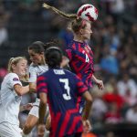 
              United States' Becky Sauerbrunn (4) heads the ball during the CONCACAF Women's Championship final soccer match against Canada in Monterrey, Mexico, Monday, July 18, 2022. (AP Photo/Fernando Llano)
            