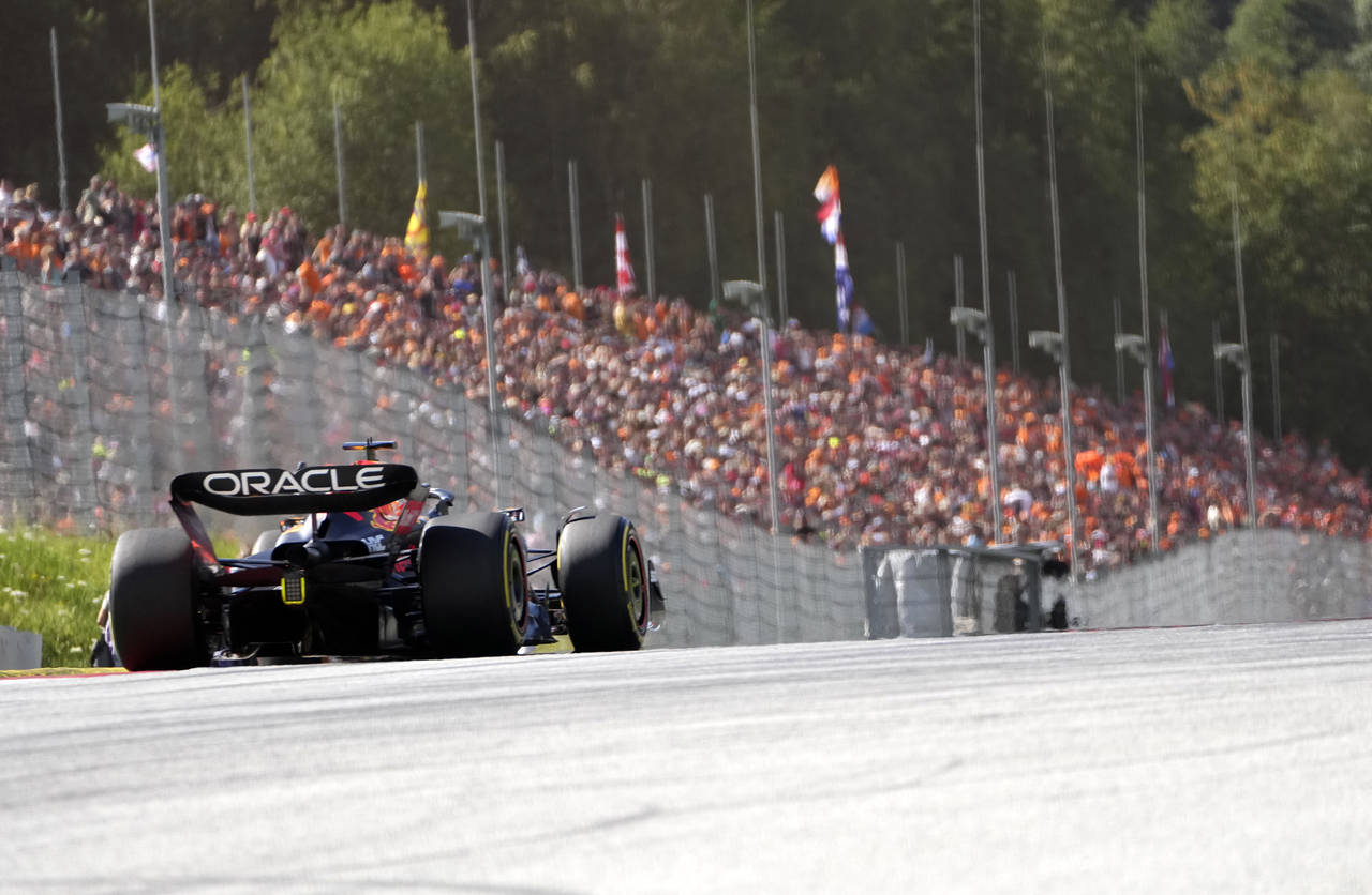 Red Bull driver Max Verstappen of the Netherlands steers his car during the Sprint Race qualifying ...