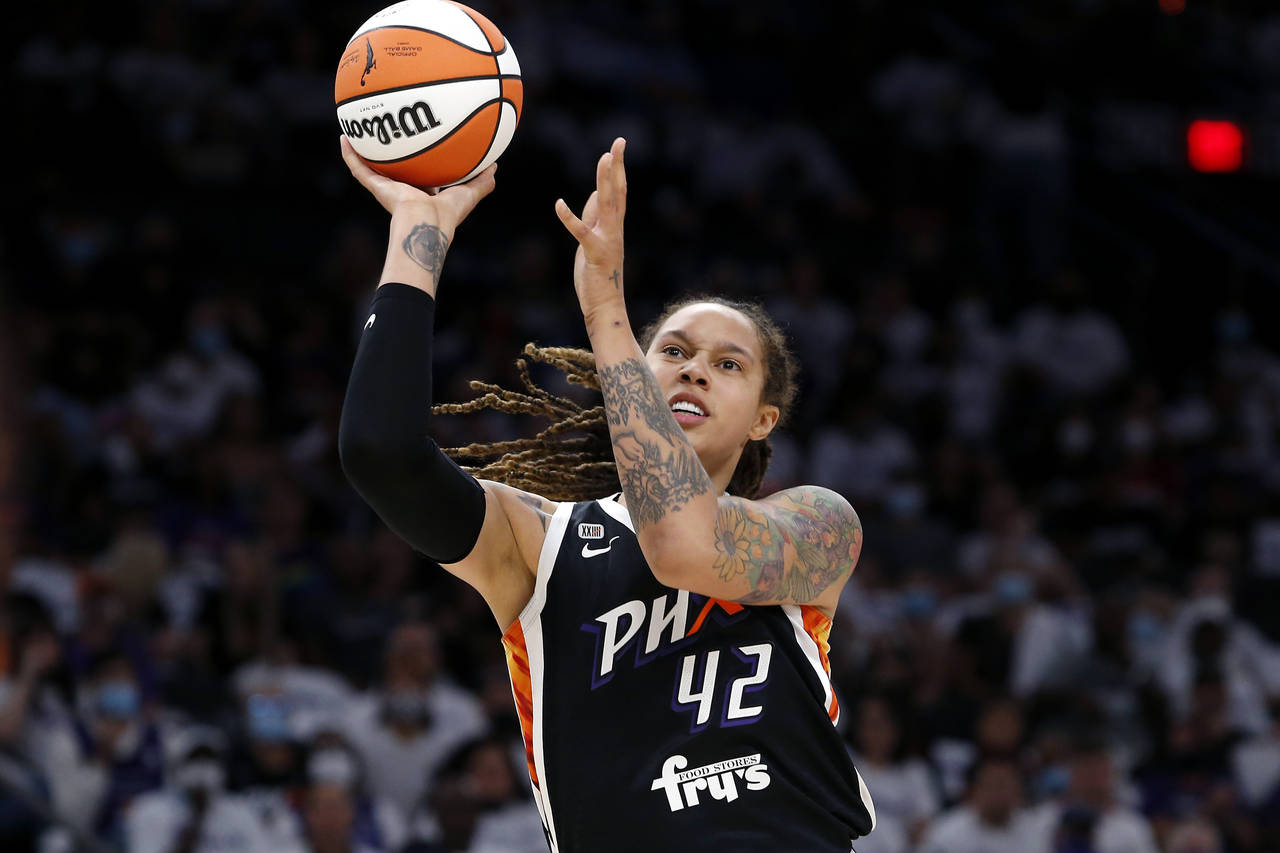 FILE - Phoenix Mercury center Brittney Griner (42) shoots during the first half of Game 1 of the WN...