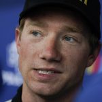 
              Tyler Reddick responds to a question during a news conference following qualifications for the NASCAR Cup Series auto race at Indianapolis Motor Speedway, Saturday, July 30, 2022, in Indianapolis. (AP Photo/Darron Cummings)
            