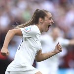 
              England's Ella Toone celebrates after scoring her side's first goal during the Women's Euro 2022 final soccer match between England and Germany at Wembley stadium in London, Sunday, July 31, 2022. (AP Photo/Leila Coker)
            