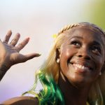 
              Shelly-Ann Fraser-Pryce, of Jamaica, reacts after winning the semifinal in the women's 100-meter run at the World Athletics Championships on Sunday, July 17, 2022, in Eugene, Ore. (AP Photo/Ashley Landis)
            