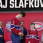 
              Juraj Slafkovsky puts on a Montreal Canadiens jersey after being selected as the top pick in the NHL hockey draft in Montreal on Thursday, July 7, 2022. Canadiens President and co-owner Geoff Molson is second from left in back. (Ryan Remiorz/The Canadian Press via AP)
            