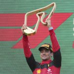 
              Ferrari driver Charles Leclerc of Monaco celebrates on the podium after winning the Austrian F1 Grand Prix at the Red Bull Ring racetrack in Spielberg, Austria, Sunday, July 10, 2022. (AP Photo/Matthias Schrader)
            
