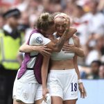 
              England's Chloe Kelly celebrates after scoring her side's second goal during the Women's Euro 2022 final soccer match between England and Germany at Wembley stadium in London, Sunday, July 31, 2022. (AP Photo/Leila Coker)
            