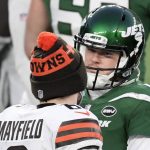 
              FILE - New York Jets quarterback Sam Darnold talks with Cleveland Browns quarterback Baker Mayfield (6) after the Jets defeated the Browns 23-16 in an NFL football game Sunday, Dec. 27, 2020, in East Rutherford, N.J. The Carolina Panthers now have two of the top three overall picks from the 2018 NFL draft on their roster. The big question is which one of them will start for them this season at quarterback. (AP Photo/Bill Kostroun, File)
            