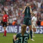 
              Germany's Kathrin-Julia Hendrich reacts at the end of the Women's Euro 2022 final soccer match between England and Germany at Wembley stadium in London, Sunday, July 31, 2022. England won 2-1. (AP Photo/Alessandra Tarantino)
            