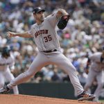 
              Houston Astros starting pitcher Justin Verlander throws against the Seattle Mariners during the first inning of a baseball game, Saturday, July 23, 2022, in Seattle. (AP Photo/Ted S. Warren)
            