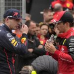 
              Red Bull driver Max Verstappen of the Netherlands, left, speaks with Ferrari driver Charles Leclerc of Monaco the qualifying session for the British Formula One Grand Prix at the Silverstone circuit, in Silverstone, England, Saturday, July 2, 2022. The British F1 Grand Prix is held on Sunday July 3, 2022. (AP Photo/Frank Augstein)
            