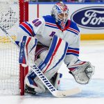 
              FILE -N ew York Rangers goaltender Alexandar Georgiev protects the net during the second period of the team's NHL hockey game against the New York Islanders on Thursday, April 21, 2022, in Elmont, N.Y. The Cup-winning Colorado Avalanche acquired goaltender Alexandar Georgiev from the New York Rangers for three draft picks, Thursday, July 7, 2022.(AP Photo/Frank Franklin II, File)
            