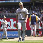 
              Milwaukee Brewers pitcher Aaron Ashby heads to the dugout after he was pulled in the fifth inning of a baseball game against the Minnesota Twins, Wednesday, July 13, 2022, in Minneapolis. (AP Photo/Jim Mone)
            