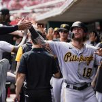 
              Pittsburgh Pirates' Ben Gamel (18) celebrates with teammates after scoring on a double by Jason Delay during the seventh inning of a baseball game against the Cincinnati Reds, Thursday, July 7, 2022, in Cincinnati. (AP Photo/Jeff Dean)
            