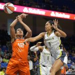 
              Dallas Wings forward Satou Sabally (0) breaks up a shot by Connecticut Sun center Brionna Jones (42) during the first half of a WNBA basketball game in Arlington, Texas, Tuesday, July 5, 2022. (AP Photo/LM Otero)
            