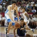 
              Oklahoma City Thunder's Chet Holmgren drives up the court against the Orlando Magic during the first half an NBA summer league basketball game Monday, July 11, 2022, in Las Vegas. (AP Photo/John Locher)
            