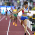 
              Sydney Mclaughlin, of the United States, wins the women's 4x400-meter relay final at the World Athletics Championships on Sunday, July 24, 2022, in Eugene, Ore. (AP Photo/Ashley Landis)
            