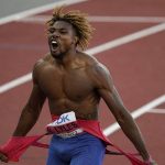 
              Noah Lyles, of the United States, celebrates after winning the men's 200-meter run final at the World Athletics Championships on Thursday, July 21, 2022, in Eugene, Ore. (AP Photo/Gregory Bull)
            