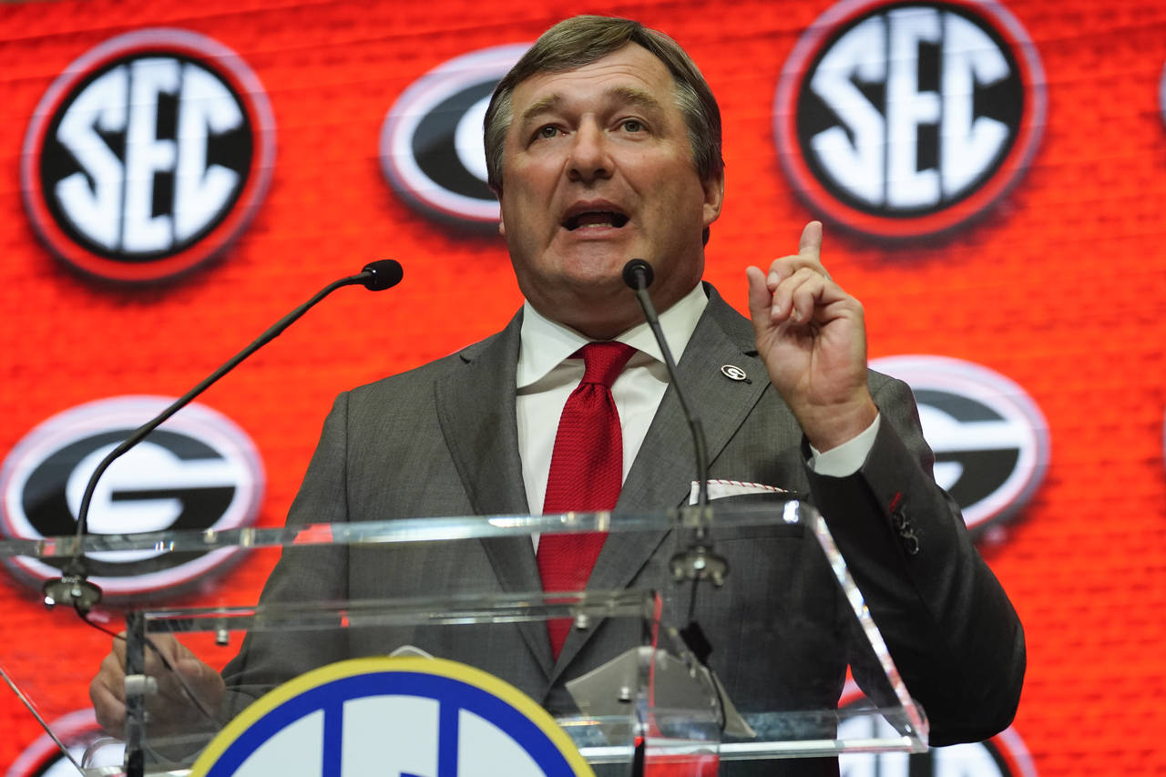 Georgia head coach Kirby Smart speaks during NCAA college football Southeastern Conference Media Da...