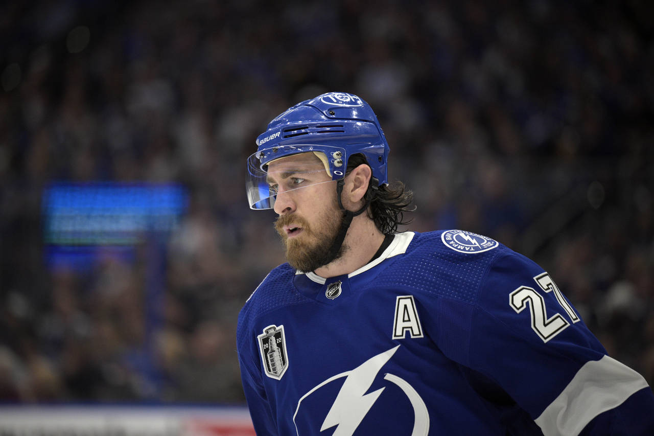Tampa Bay Lightning defenseman Ryan McDonagh skates on the ice during the overtime period of Game 4...