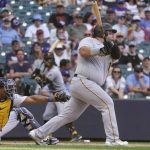 
              Pittsburgh Pirates' Daniel Vogelbach hits a three-run home run during the ninth inning of a baseball game against the Milwaukee Brewers Sunday, July 10, 2022, in Milwaukee. (AP Photo/Morry Gash)
            