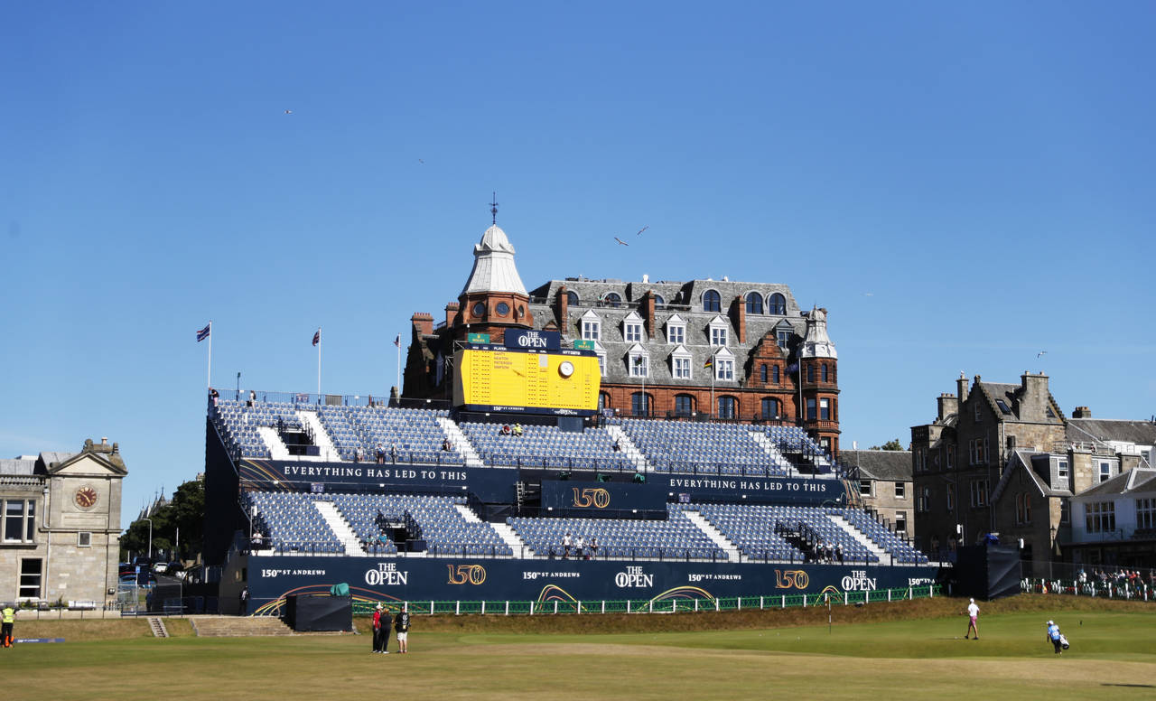 The 18th grandstand at the British Open golf championship on the Old Course at St. Andrews, Scotlan...