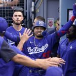 
              Los Angeles Dodgers' Mookie Betts is congratulated by teammates in the dugout after hitting a solo home run during the third inning of a baseball game against the San Francisco Giants Saturday, July 23, 2022, in Los Angeles. (AP Photo/Mark J. Terrill)
            