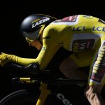 
              Denmark's Jonas Vingegaard, wearing the overall leader's yellow jersey, competes during the twentieth stage of the Tour de France cycling race, an individual time trial over 40.7 kilometers (25.3 miles) with start in Lacapelle-Marival and finish in Rocamadour, France, Saturday, July 23, 2022. (AP Photo/Daniel Cole)
            