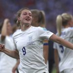 
              England's Ellen White celebrates after the Women's Euro 2022 final soccer match between England and Germany at Wembley stadium in London, Sunday, July 31, 2022. (AP Photo/Leila Coker)
            