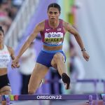 
              Sydney Mclaughlin, of the United States, wins in the semifinal of the women's 400-meter hurdles at the World Athletics Championships on Wednesday, July 20, 2022, in Eugene, Ore. (AP Photo/Ashley Landis)
            