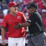
              Cincinnati Reds manager David Bell, left, reacts after being ejected by home plate umpire Tripp Gibson during the fifth inning of the team's baseball game against the Atlanta Braves on Saturday, July 2, 2022, in Cincinnati. (AP Photo/Jeff Dean)
            