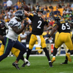 PITTSBURGH, PA - AUGUST 13: Mason Rudolph #2 of the Pittsburgh Steelers throws a 26-yard touchdown pass to George Pickens #14 (not pictured) in the first quarter during a preseason game against the Seattle Seahawks at Acrisure Stadium on August 13, 2022 in Pittsburgh, Pennsylvania. (Photo by Justin Berl/Getty Images)