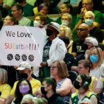 SEATTLE, WASHINGTON - AUGUST 07: Fans cheer during the first quarter during the last regular season home game of Sue Bird #10 of the Seattle Storm against the Las Vegas Aces at Climate Pledge Arena on August 07, 2022 in Seattle, Washington. (Photo by Steph Chambers/Getty Images)