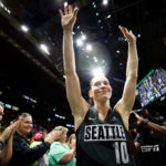 SEATTLE, WASHINGTON - AUGUST 07: Sue Bird #10 of the Seattle Storm waves to fans after her last regular season home game of her career against the Las Vegas Aces at Climate Pledge Arena on August 07, 2022 in Seattle, Washington. (Photo by Steph Chambers/Getty Images)