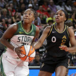 LAS VEGAS, NEVADA - AUGUST 28: Jewell Loyd #24 of the Seattle Storm drives to the basket against Jackie Young #0 of the Las Vegas Aces in the third quarter of Game One of the 2022 WNBA Playoffs semifinals at Michelob ULTRA Arena on August 28, 2022 in Las Vegas, Nevada. The Storm defeated the Aces 76-73. NOTE TO USER: User expressly acknowledges and agrees that, by downloading and or using this photograph, User is consenting to the terms and conditions of the Getty Images License Agreement. (Photo by Ethan Miller/Getty Images)