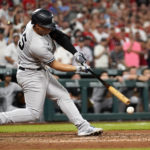 
              New York Yankees' Gleyber Torres strikes out swinging for the final out of a baseball game against the St. Louis Cardinals Saturday, Aug. 6, 2022, in St. Louis. The Cardinals won 1-0. (AP Photo/Jeff Roberson)
            