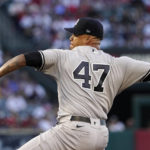
              New York Yankees starting pitcher Frankie Montas throws to the plate during the first inning of a baseball game against the Los Angeles Angels Monday, Aug. 29, 2022, in Anaheim, Calif. (AP Photo/Mark J. Terrill)
            