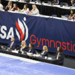 
              Signage showing the new USA Gymnastics logo is displayed during the 2022 U.S. Gymnastics Championships, Friday, Aug. 19, 2022, in Tampa, Fla.(AP Photo/Mike Carlson)
            