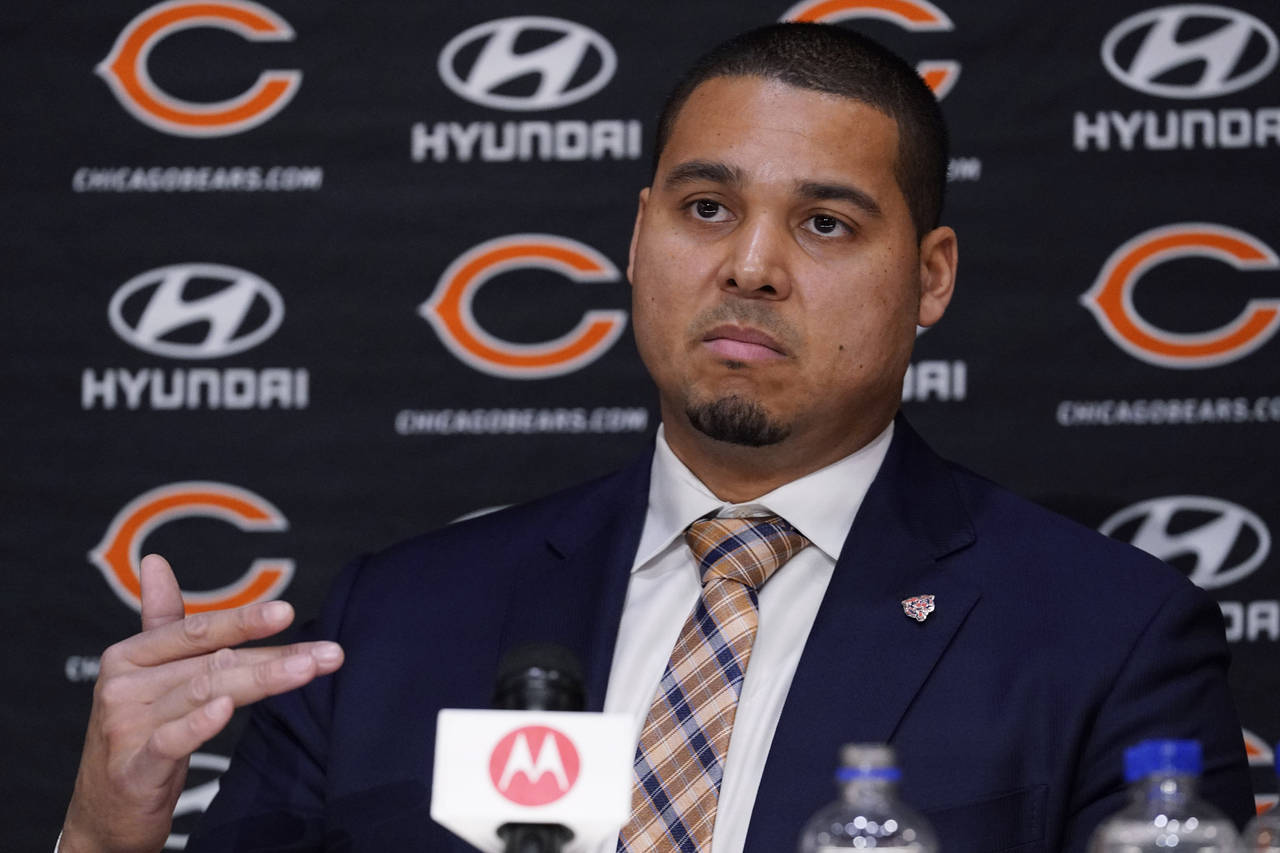 FILE - Chicago Bears new NFL football team general manager Ryan Poles speaks during a news conferen...