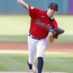 
              Cleveland Guardians starting pitcher Cal Quantrill delivers against the Baltimore Orioles during the first inning of a baseball game Tuesday, Aug. 30, 2022, in Cleveland. (AP Photo/Ron Schwane)
            