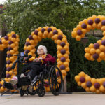 
              Sister Jean Dolores Schmidt speaks to reporters, during her 103rd birthday celebration at Sister Jean Dolores Schmidt, BVM Plaza next to the Loyola Red Line station in Chicago, Sunday, Aug. 21, 2022. (Tyler Pasciak LaRiviere/Chicago Sun-Times via AP)
            
