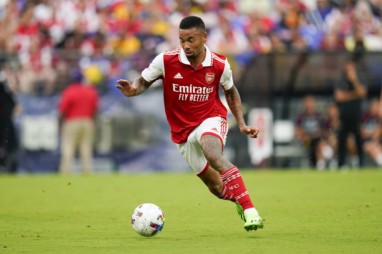 Arsenal's Gabriel Jesus runs with the ball against Everton during the first half of a pre-season fr...