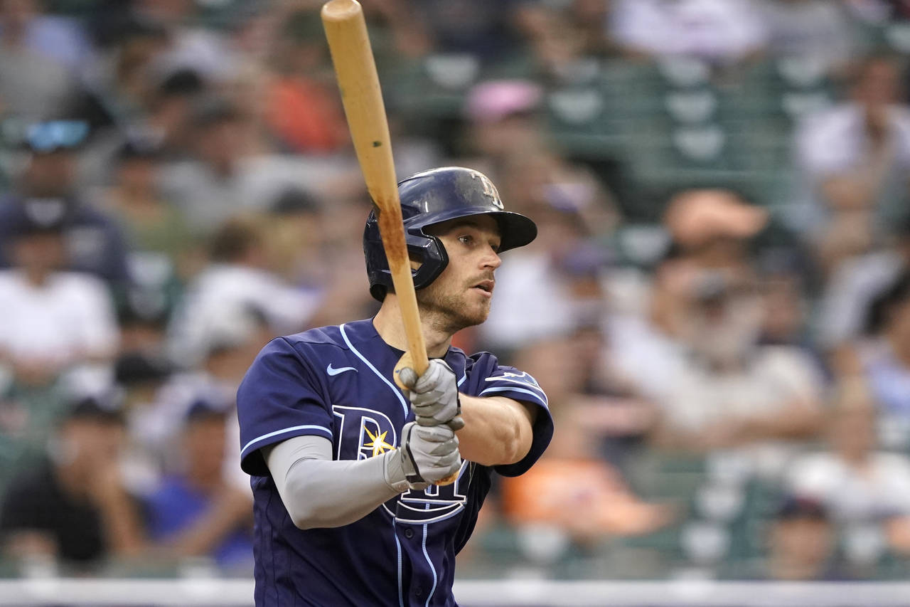 Tampa Bay Rays designated hitter Brandon Lowe watches his two-run home run during the third inning ...
