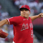 
              Los Angeles Angels starting pitcher Jose Suarez throws to the plate during the first inning of a baseball game against the New York Yankees Monday, Aug. 29, 2022, in Anaheim, Calif. (AP Photo/Mark J. Terrill)
            