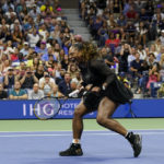 
              Serena Williams, of the United States, reacts during the first round of the US Open tennis championships against Danka Kovinic, of Montenegro, Monday, Aug. 29, 2022, in New York. (AP Photo/John Minchillo)
            