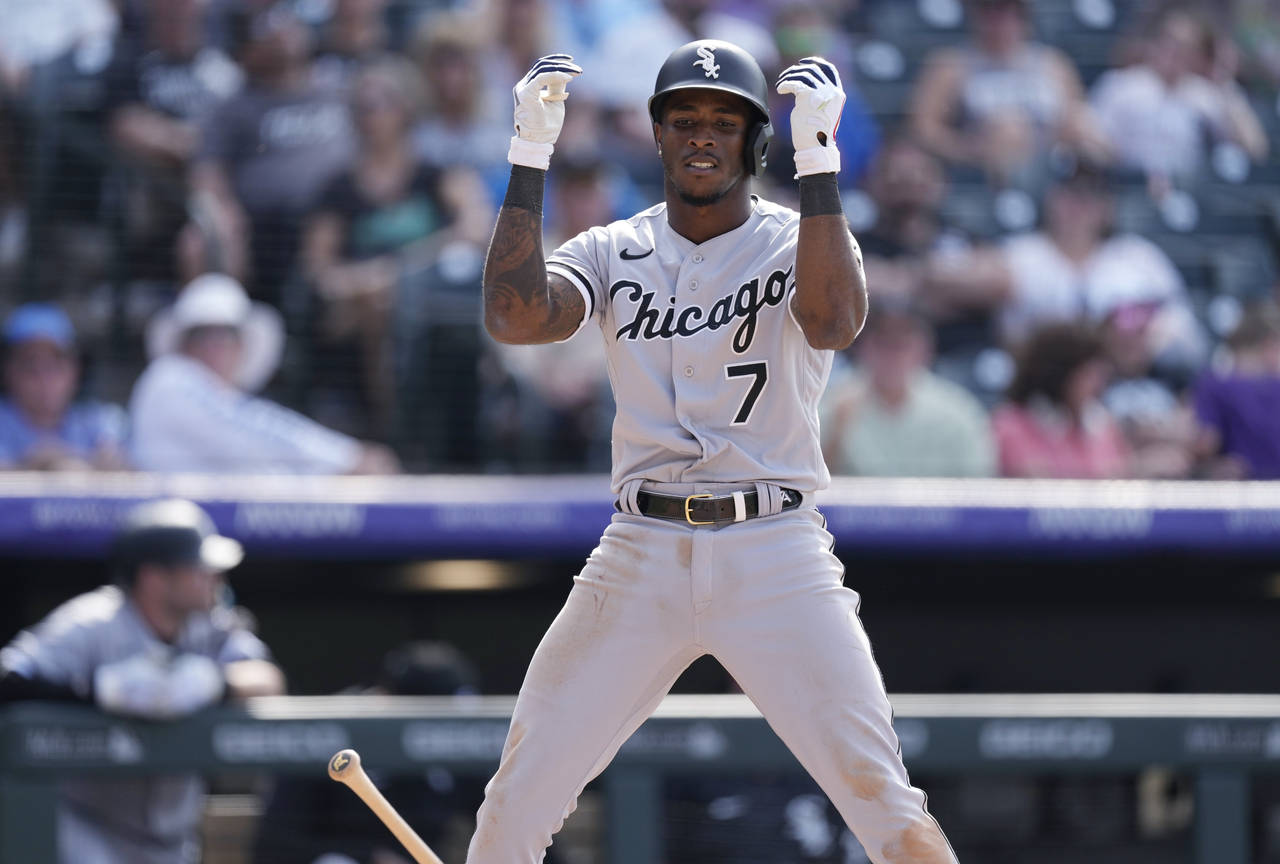 Chicago White Sox's Tim Anderson reacts after being called out on strikes to end the top of the nin...