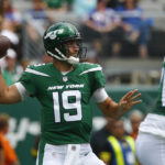 
              New York Jets quarterback Joe Flacco (19) passes in the first half of a preseason NFL football game against the New York Giants, Sunday, Aug. 28, 2022, in East Rutherford, N.J. (AP Photo/John Munson)
            